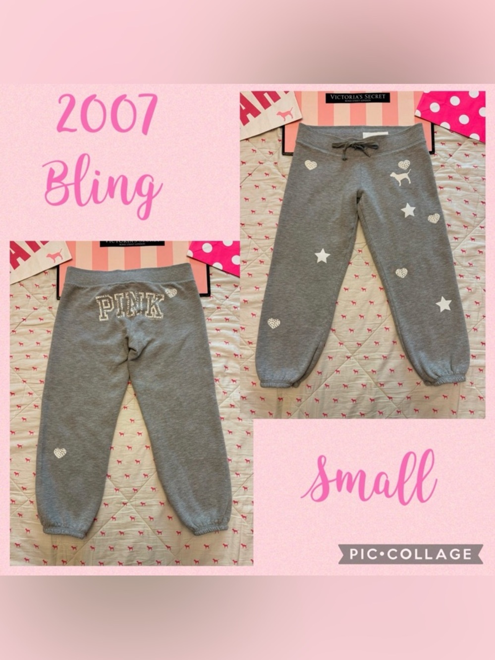 VS PINK VINTAGE Y2K CAPRI SWEATPANTS GRAY WHITE STARS HEARTS DOG BLING LOGO RARE